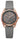 Citizen Drive watch with eco-drive technology and gray leather strap with rose-gold tone bezel and dark gray face.