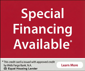 Red background with 'Special Financing Available' text and Wells Fargo branding.