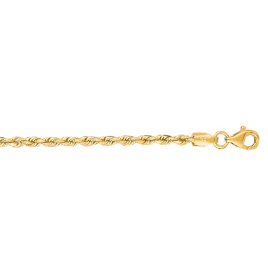 Yellow gold rope chain necklace with lobster clasp on white background