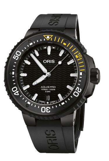 Black Oris Aquis Pro Date men's dive watch with black rubber strap and yellow accents