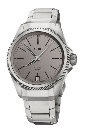 Stainless steel Oris ProPilot X men's watch with grey dial and link bracelet