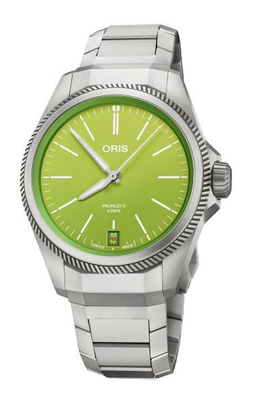 Stainless steel men's watch with green dial and luminous markers, Oris ProPilot X Kermit Edition