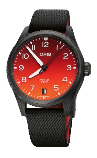 Oris ProPilot 5 Days watch with red gradient dial and black fabric strap