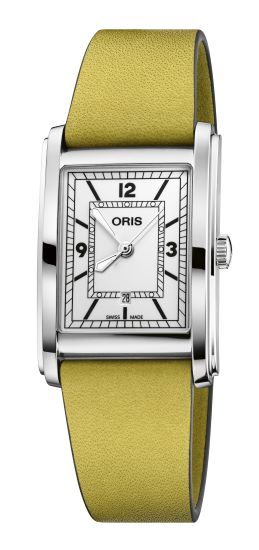 Oris rectangular silver watch with white dial and yellow leather strap