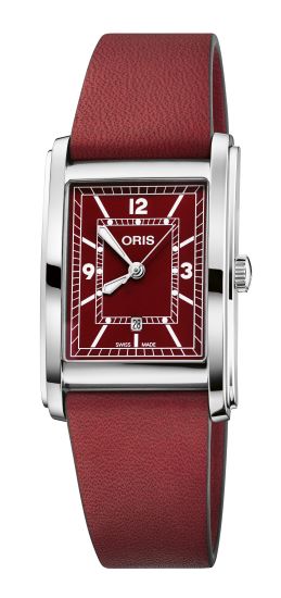 Rectangular red dial watch with silver case and red leather strap