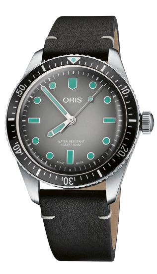 Oris Divers Sixty-Five stainless steel watch with black bezel, grey dial, and black leather strap