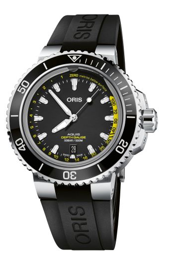 Black Oris Aquis Depth Gauge men's dive watch with yellow accents and black rubber strap