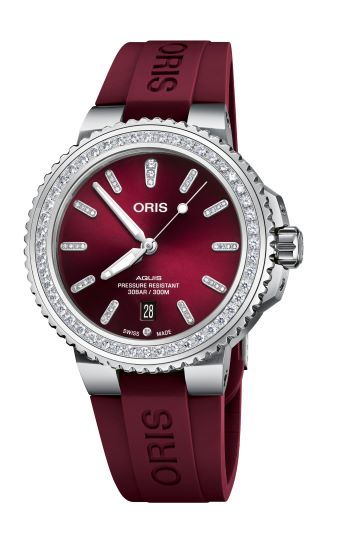 Oris Aquis Date Diamonds watch with red dial, diamond markers, and matching red strap