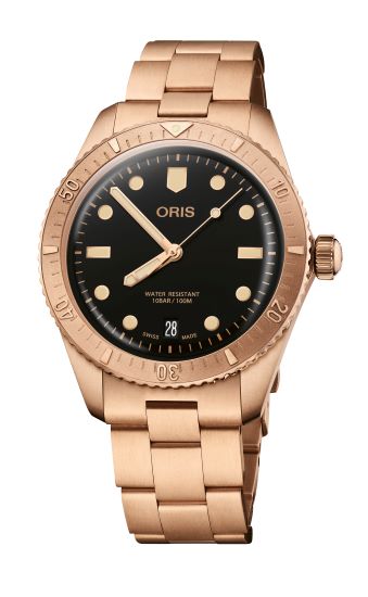 Rose gold Oris men's dive watch with black dial and date display