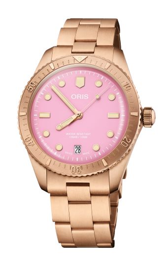 Rose gold dive watch with pink dial, gold markers, and metal bracelet, Oris Divers Sixty-Five.