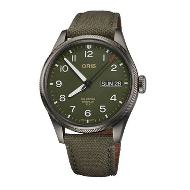 Oris Big Crown ProPilot TLP watch with green dial and fabric strap, day-date display