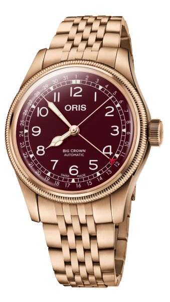 Bronze automatic wristwatch with burgundy dial and date display, elegant men's watch