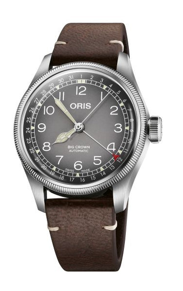 Men's Oris Big Crown automatic watch with brown leather strap and grey dial