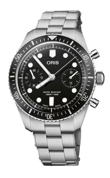 Stainless steel chronograph dive watch with black dial, luminous markers, and metal bracelet