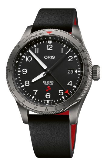 Men's luxury stainless steel watch with black dial, bold numerals, and black leather strap