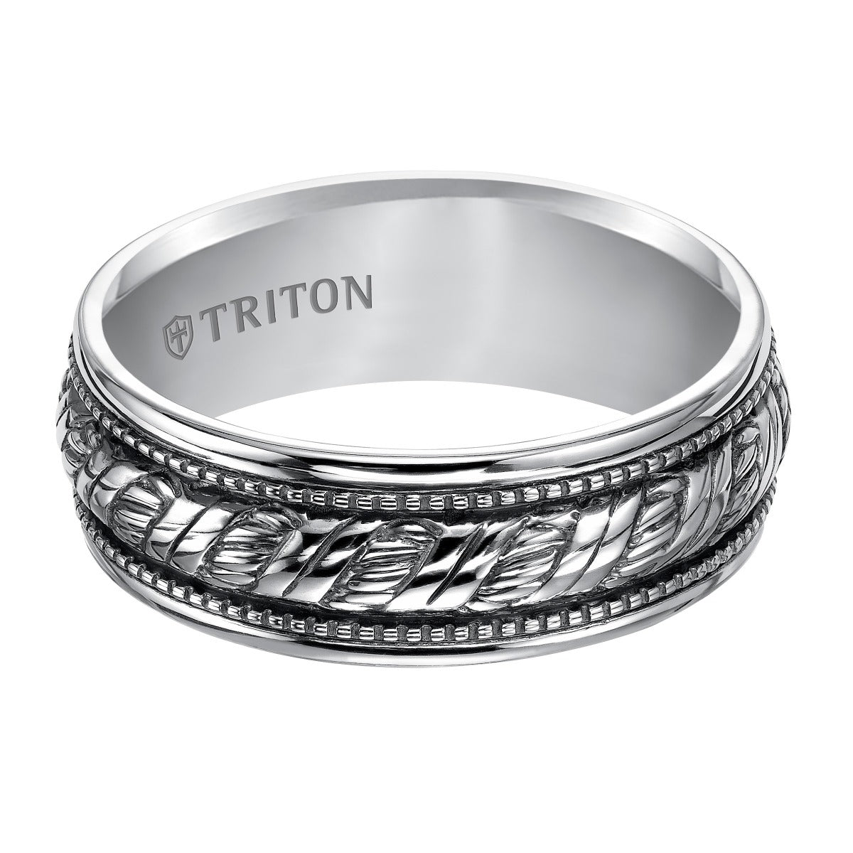 Triton Ladies 8mm Sterling Silver Woven Milgrain Comfort Fit Band with Black Oxidation 11-4926SV-L.00