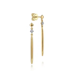 14K yellow gold diamond spike drop earrings with geometric accents on a white background