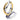 Two-tone interlocking gold and silver ring with engraved Pandora logo on white background