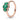 Rose gold ring with three round green gemstones and a halo of clear accent stones