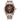 Men's two-tone stainless steel and rose gold watch with brown dial, date and day display