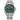 Stainless steel men's watch with green dial, silver bracelet, and date display.