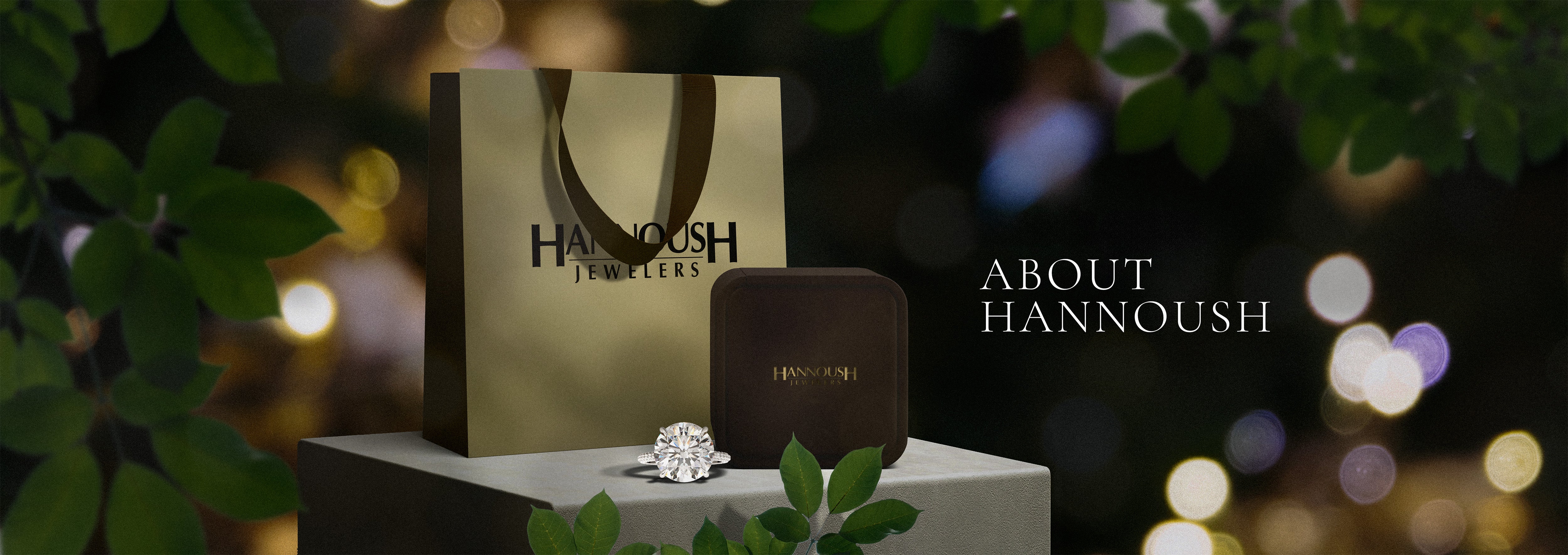 Luxury jewelry gift bag, ring box, and diamond ring on display with elegant bokeh background