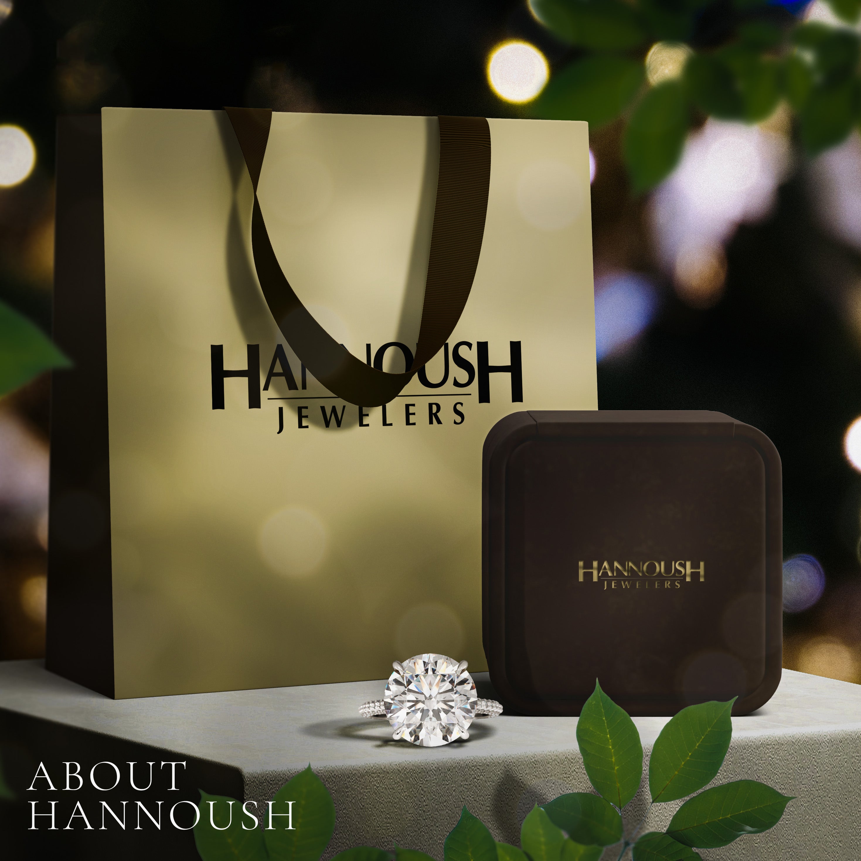 Diamond engagement ring with gift bag and jewelry box on display table, luxury jewelry setting