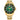 Gold stainless steel dive watch with green bezel and dial, date display, luminous markers