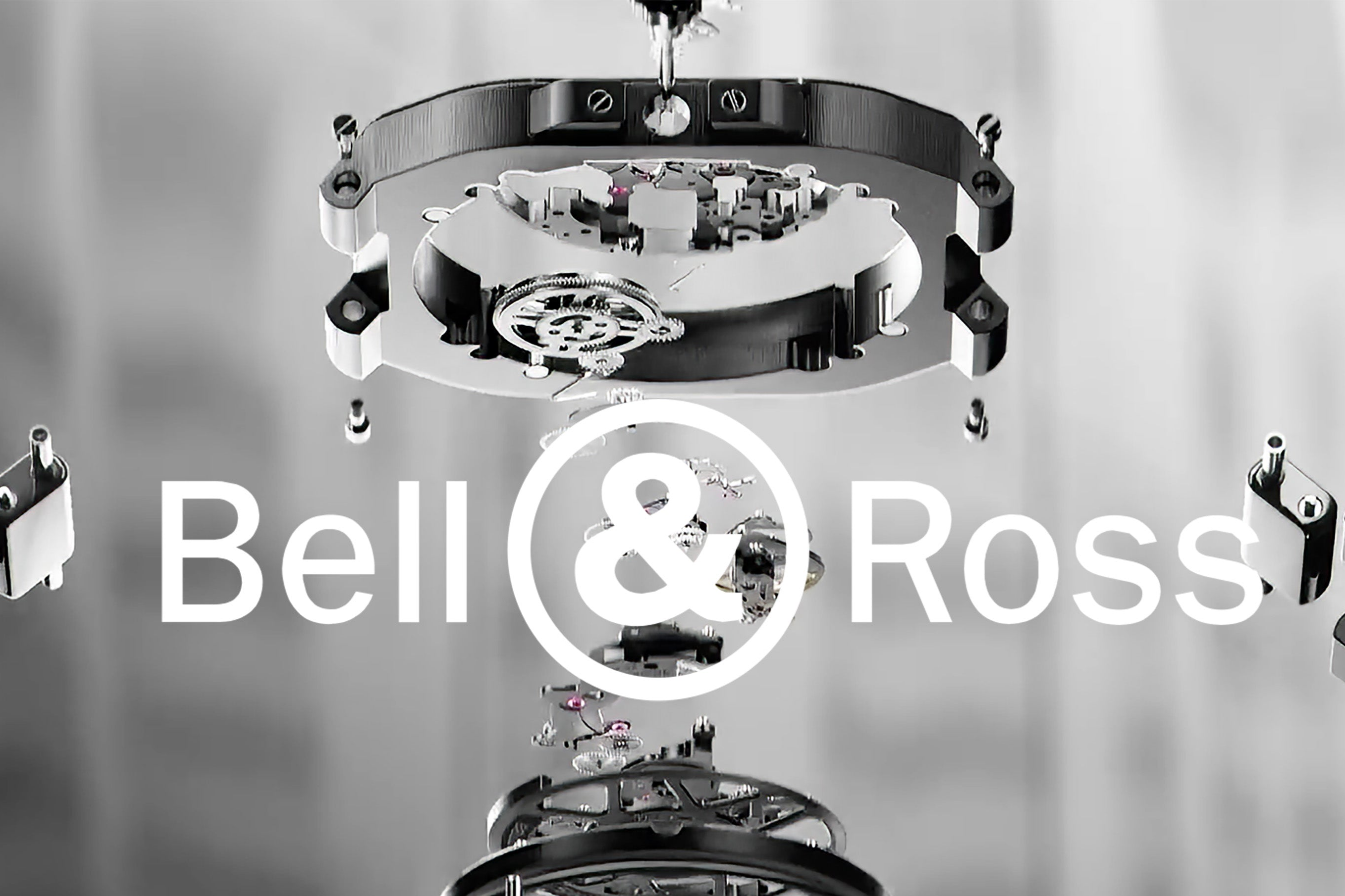 Bell & Ross watch movement exploded view with brand logo, showcasing luxury fine watchmaking