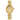 Gold-tone women's watch with teardrop-shaped case and metal link bracelet on white background