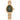 Rose gold women’s watch with green dial, teardrop case, metal link bracelet, and minimalist markers.