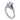 White gold engagement ring with round diamond center, sapphire side stones, and accent diamonds.