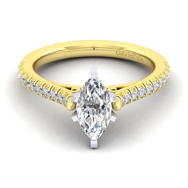 Yellow gold engagement ring with marquise-cut diamond and pavé diamond band