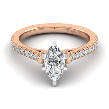 Rose gold engagement ring with marquise diamond center and pavé diamond band