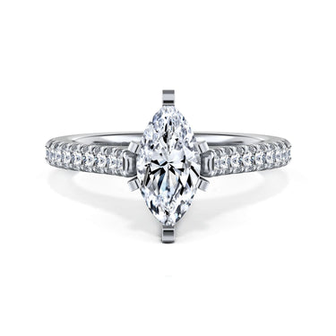 Marquise cut diamond engagement ring with pavé band in white gold