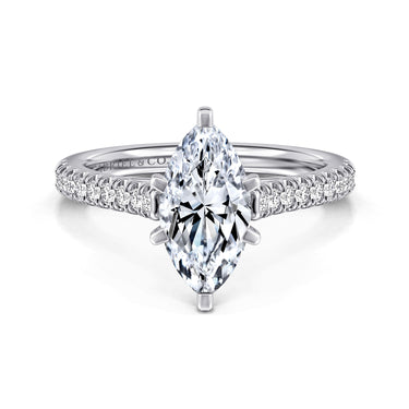 Marquise cut diamond engagement ring with pavé diamond band in white gold