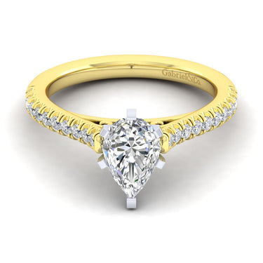 Yellow gold ring with pear-shaped diamond center and pavé diamond band