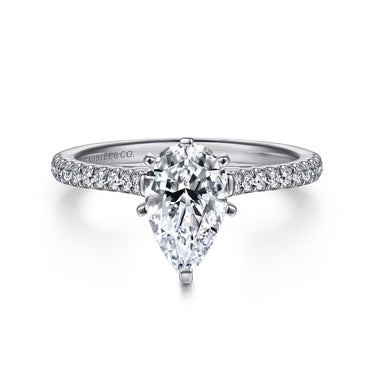 Pear-shaped diamond engagement ring with pavé band in white gold, Gabriel & Co. engraved