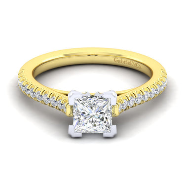Yellow gold engagement ring with princess cut diamond and pavé diamond band