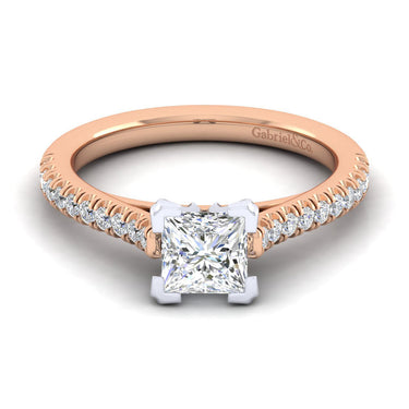 Rose gold engagement ring with princess cut diamond and pavé diamond band