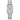 Stainless steel rectangular Citizen Eco-Drive watch with silver dial and blue hands.
