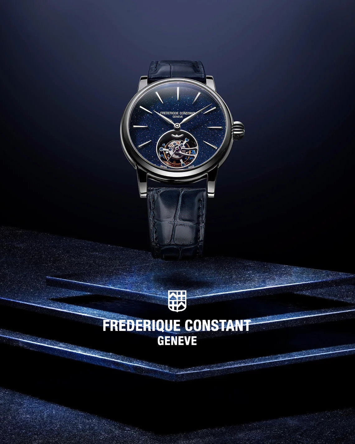 Luxury Frederique Constant wristwatch with blue dial and leather strap, elegant lighting.