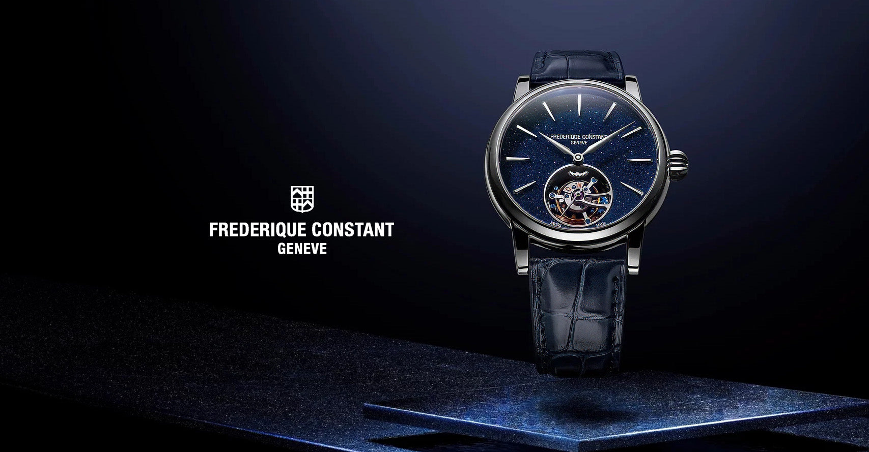 Luxury blue dial men's watch with skeleton display and leather strap on dark background