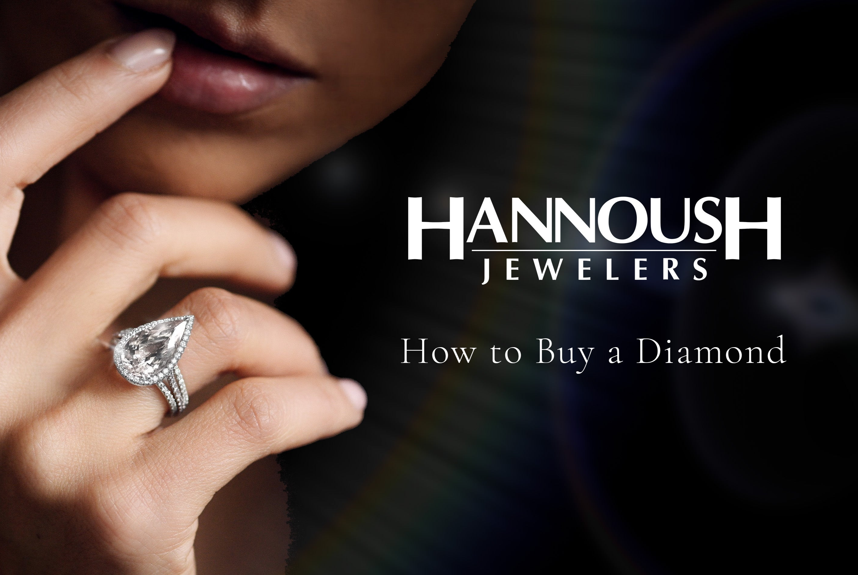 Close-up of hand with pear-shaped diamond ring, text reads How to Buy a Diamond