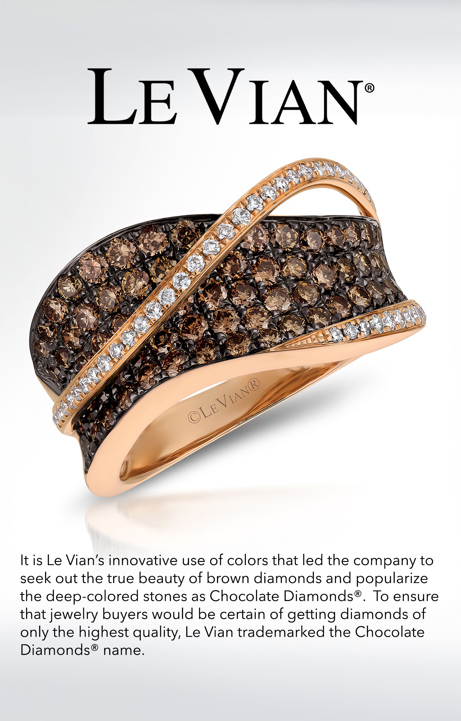 Rose gold ring featuring brown and white diamonds in a criss-cross design with Le Vian engraving.