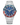 Stainless steel men's GMT watch with blue textured dial, date window, and red-blue bezel.