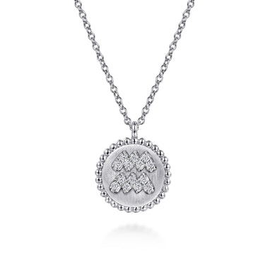 Aquarius zodiac pendant necklace in sterling silver with diamond accents on a round beaded edge charm