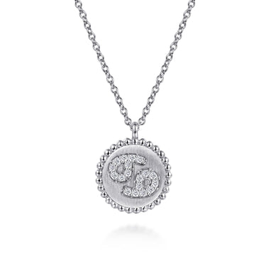 Silver pendant necklace with diamond accent Cancer zodiac sign on round medallion