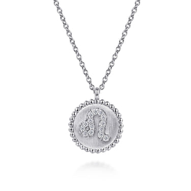 Sterling silver Leo zodiac pendant necklace with round diamond accents on beaded border
