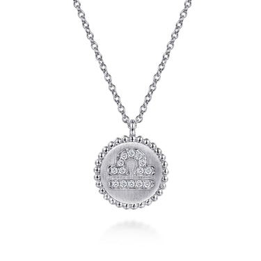 Silver Libra zodiac pendant necklace with pavé diamonds on a fine chain